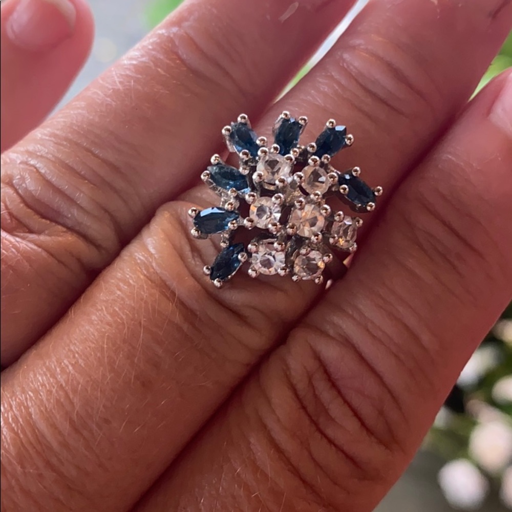Silver rhinestone cocktail ring clear sapphire 6.5